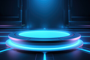 blue round stage with spotlights. Gaming and metaverse background - obrazy, fototapety, plakaty