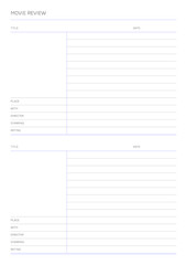 A movie review design template in a modern, simple, and minimalist style. Note, scheduler, diary, calendar, planner document template illustration.