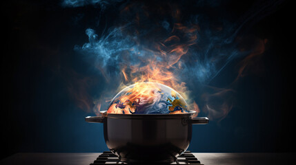 Earth planet globe over flames - obrazy, fototapety, plakaty