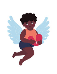 Cute afro cupid. Little Black cupid. dark-skinned sad cupid with a broken heart illustration. love and valentine's day symbol. vector design. Amur African American baby angel