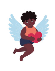 Cute afro cupid. Little Black cupid. dark-skinned happy cupid illustration and pink heart. love and valentine's day symbol. vector design Amur African American baby angel
