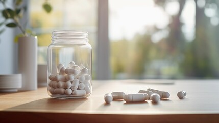 White pills in a jar on a wooden table at home, vitamin supplementation - obrazy, fototapety, plakaty