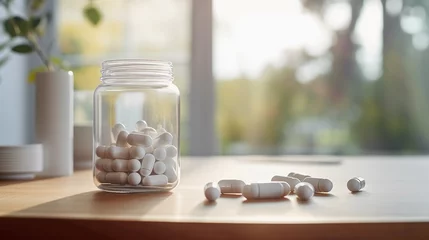 Zelfklevend Fotobehang White pills in a jar on a wooden table at home, vitamin supplementation © PhotoHunter