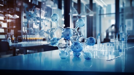Chemistry lab, medicine creation, vials of liquid, chemical bonds