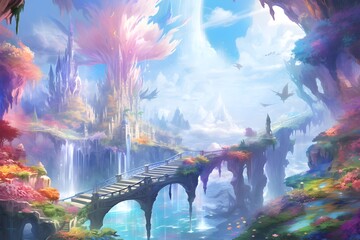 Fantasy landscape with a bridge over the river. Panorama.