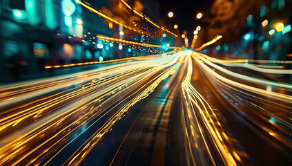 Moving lights in a night city creating a sense of speed. The concept of dynamics and urban life.