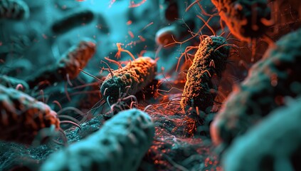 Microscopic structures resembling bacteria in warm red-green hues.Microbiology and biotechnology concept. - obrazy, fototapety, plakaty