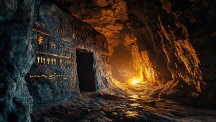 Cave with hieroglyphs on the wall and light piercing through an opening. The concept of ancient history and mysterious locations.