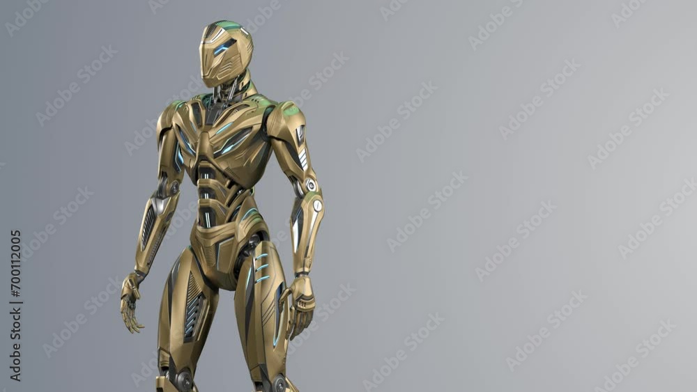 Poster futuristic alien robot walk or yellow humanoid cyborg steps from right to left side of the screen. u