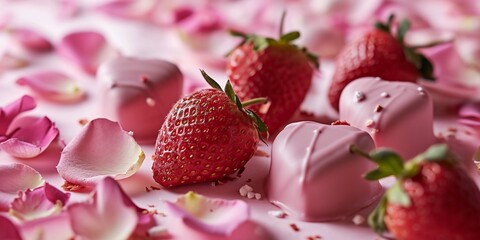 Strawberries in pink rubin chocolate with rose petals, romantic treat for valentine’s day