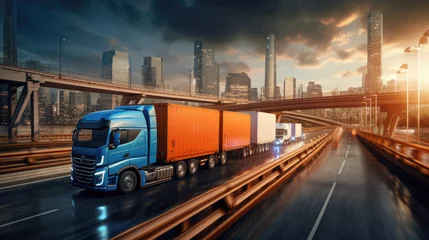 Crédence de cuisine en verre imprimé Vert bleu Truck with container moving on highway