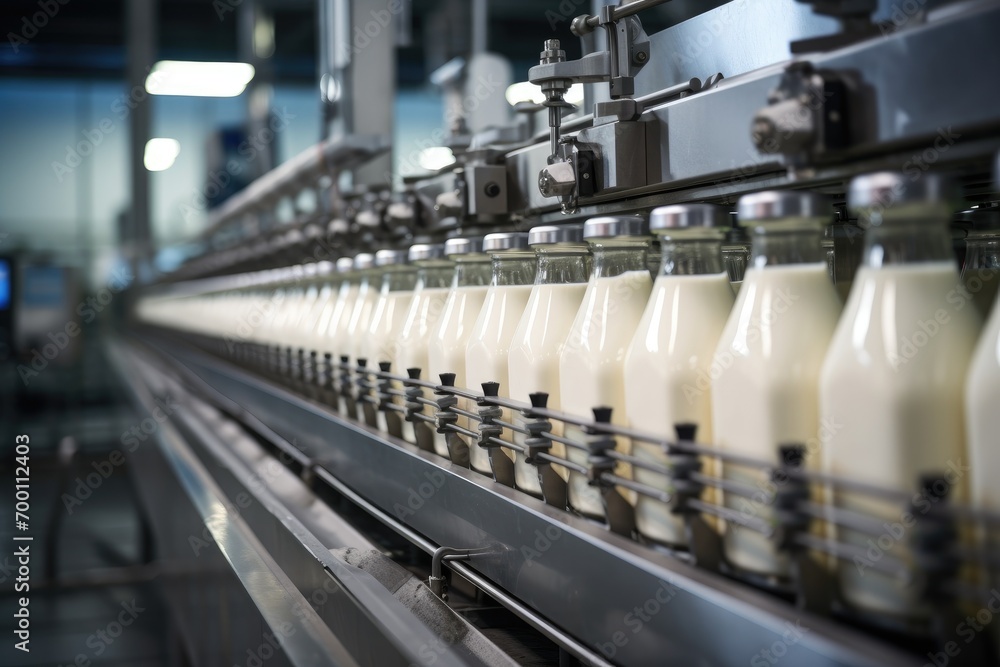 Poster milk factory. robotic factory line for processing and bottling of milk.