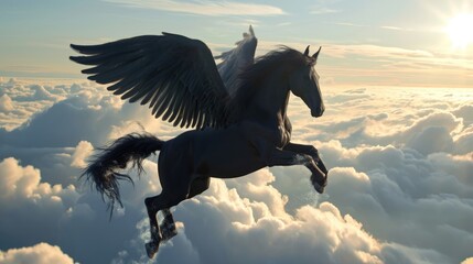 Obraz na płótnie Canvas Majestic black Pegasus horse flying high above the clouds.
