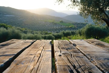 Empty old wooden table for product display with natural green olive field and green olives