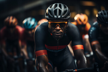 Portrait of a cyclist in a group of athletes during a bicycle race.