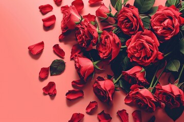 A group of red roses on a pink background