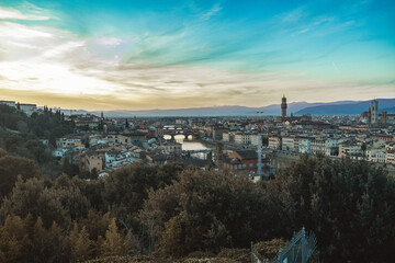 Golden sunset over Palazzo Vecchio and Cathedral of Santa Maria del Fiore (Duomo), Florence, Italy. High quality photo