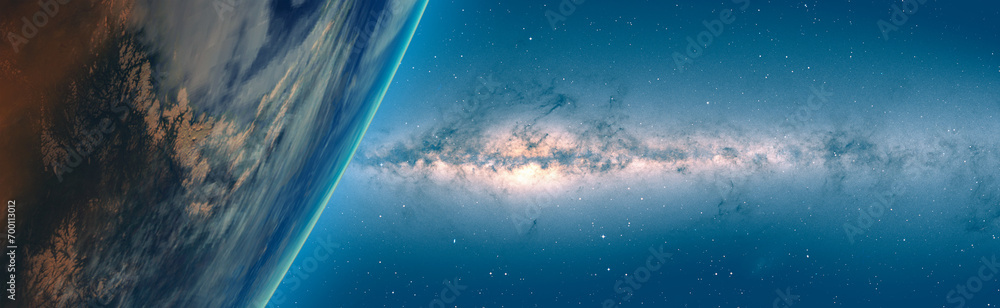 Poster view of the planet earth from space during a sunrise milkyway galaxy in the background 