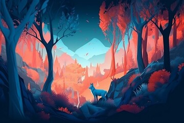 Beautiful mystical blue forest with enchanted trees and red fox on a hill. Generative AI - obrazy, fototapety, plakaty