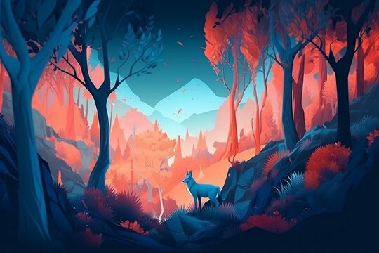 Beautiful mystical blue forest with enchanted trees and red fox on a hill. Generative AI