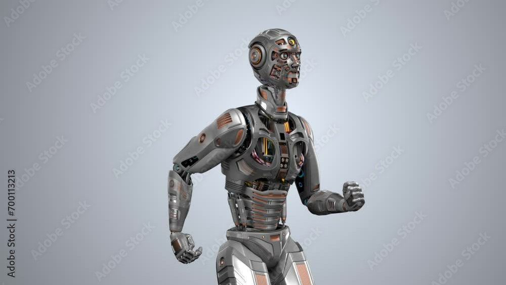 Poster futuristic robot man run cycle or humanoid cyborg running in loop. 3d rendering animation of the upp