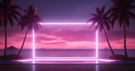a pink neon frame with palm trees and a pink sky - Powered by Adobe