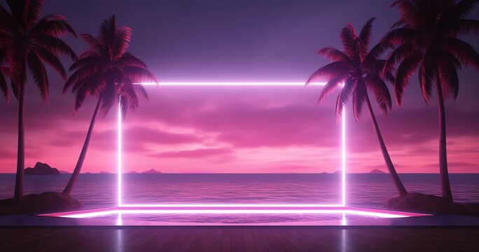 a pink neon frame with palm trees and a pink sky