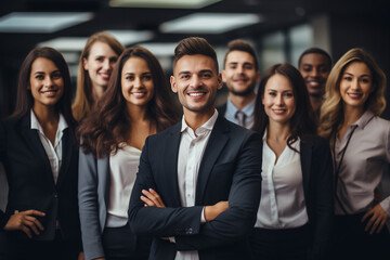 Obraz premium business girl heads a colossal corporate company alongside the executive chief, leading a diverse team of professionals with a dynamic and inclusive approach. Generative AI.