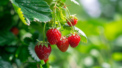 Juicy fresh ripe strawberries on a branch in nature outdoors close-up macro. Beautiful berries strawberries with leaves on a light green natural background. Made with generative ai