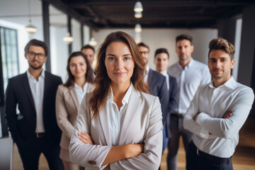Fototapeta premium business girl heads a colossal corporate company alongside the executive chief, leading a diverse team of professionals with a dynamic and inclusive approach. Generative AI.