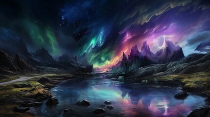 a landscape with mountains and water and aurora borealis