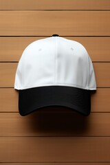 a white and black hat on a wood surface