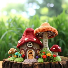 a knitted mushroom house on a stump