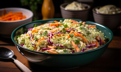 Freshly made creamy coleslaw salad in a teal bowl, a classic side dish garnished with shredded carrots and purple cabbage on a dark table