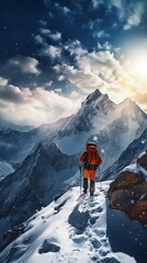 Naklejka na ściany i meble a person hiking on a snowy mountain
