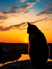 a cat sitting on a rock looking at the sunset