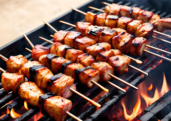 Meat shish kebab cooking on fire, Generative AI