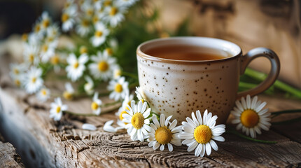 Fototapeta na wymiar Chamomile tea in a white cup with chamomile flowers next to it, delicious calming beverage, relaxation
