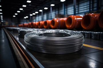 Iron wire in rolls in a metal products warehouse. - obrazy, fototapety, plakaty