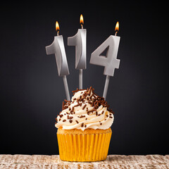 Birthday candle number 114 - Anniversary cupcake on black background