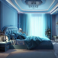 Bed and bedroom with clouds, blue and blue bedroom, beautiful modern design