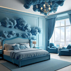 Bed and bedroom with clouds, blue and blue bedroom, beautiful modern design