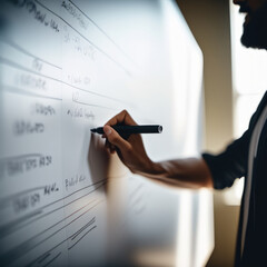 A man writes on a blackboard with a marker