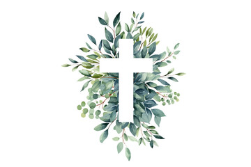 Eucalyptus botanical greenery and cross. Baptism  Invitation. Easter Cross. Christening. Holy Spirit. Religious. Baptism Christening Invitation - obrazy, fototapety, plakaty