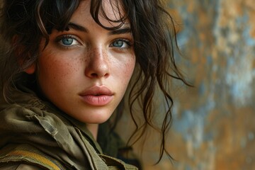 Beautiful Israeli Jewish girl military army uniform, young woman defender of law and order, Israeli army, conflict, terrorism, provocation, war - obrazy, fototapety, plakaty