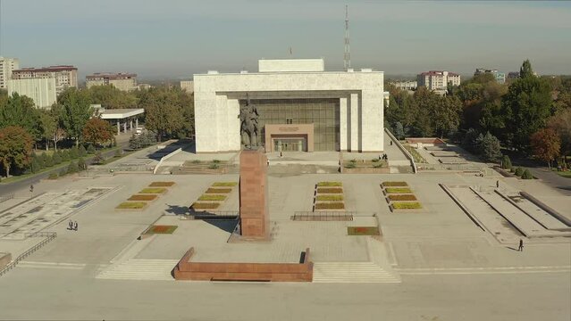 The National Historical Museum. Monument to the hero Manas the Magnanimous, who united the Kyrgyz people. Aerial view of Ala-Too Square. Bishkek city center. Travel to Kyrgyzstan.