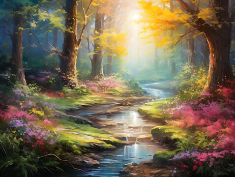 Beautiful autumn landscape with colorful forest and river. Digital painting.