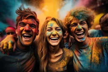 Fotobehang Group of friends at Holi celebration. Generative AI. © Lux Images