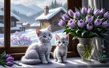 A kitten is sitting on the windowsill next to a bouquet of flowers.	
 - obrazy, fototapety, plakaty