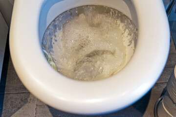 Bathroom of apartment building with close-up of toilet with open cover at Swiss City of Zürich. Photo taken December 29th, 2023, Zurich, Switzerland.